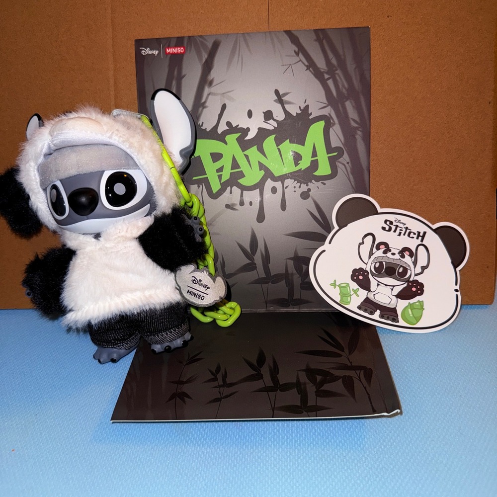Disney Miniso Stitch Panda Figure Excellent Neon Chain Streetwear Toy CARD